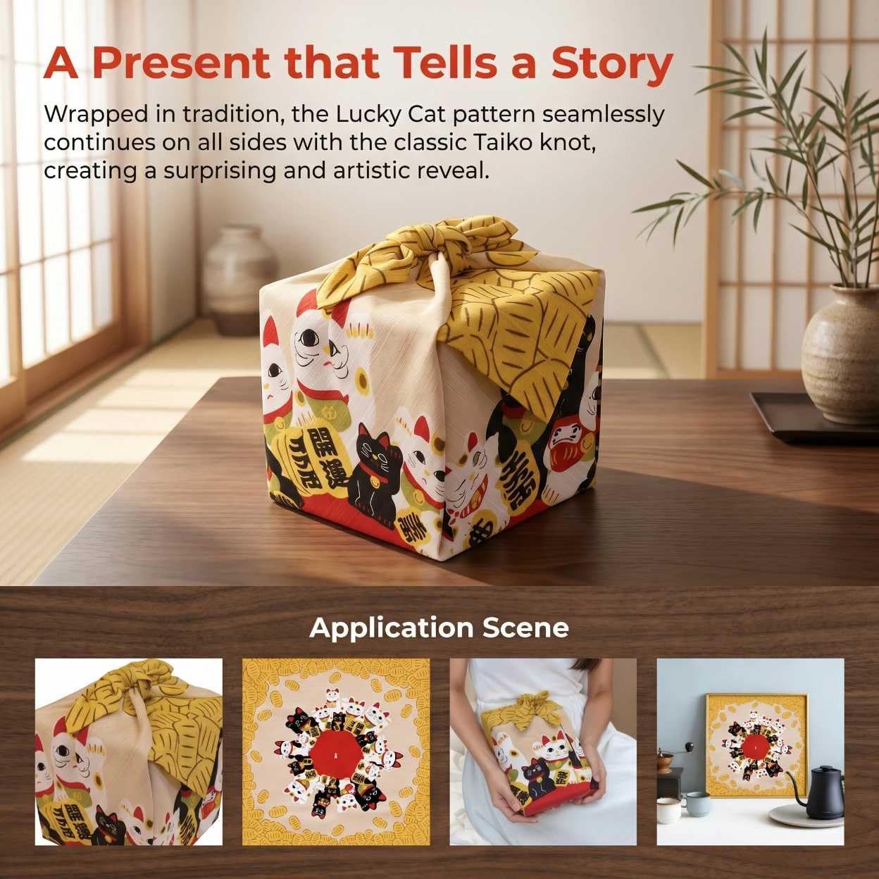 Furoshiki Japanese Wrapping Cloth, Large Size 27.6x27.6 Inch, Reusable Gift Wrap, Eco-Friendly Fabric for Bento Bag, Wine Bottle, Table Decor Washable & Wrinkle Resistant (Lucky Cats, 27.6"x27.6") image 2