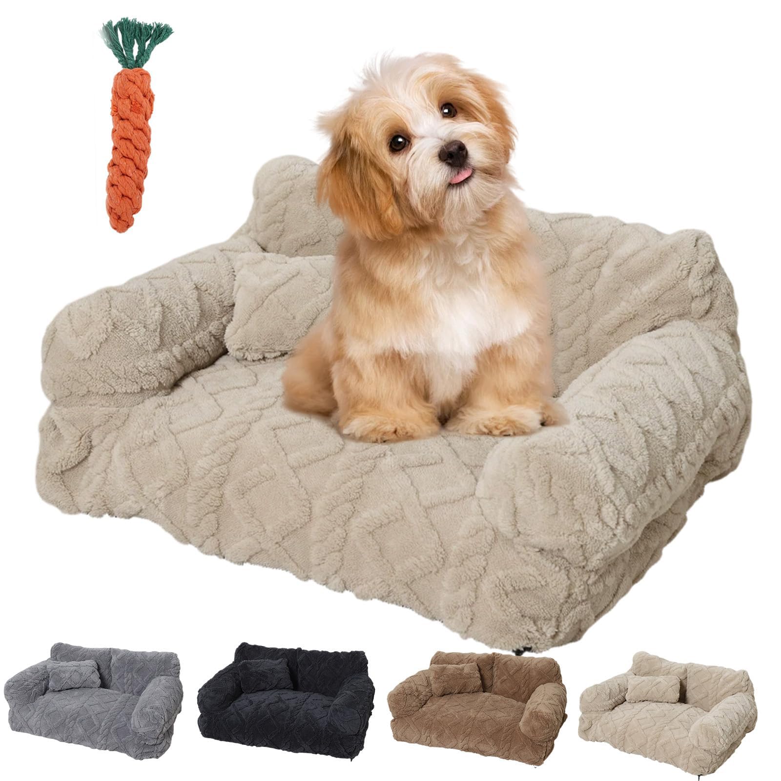 Pnedeodm Plush Calming Pet Sofa Bed, Calming Pet Sofa with Washable Removable Cover, Anti-Anxiety Plush Dog Couch with Raised Rim & Non-slip Bottom, Soft Cat Sofa for Small Medium Pets (Beige, XL)