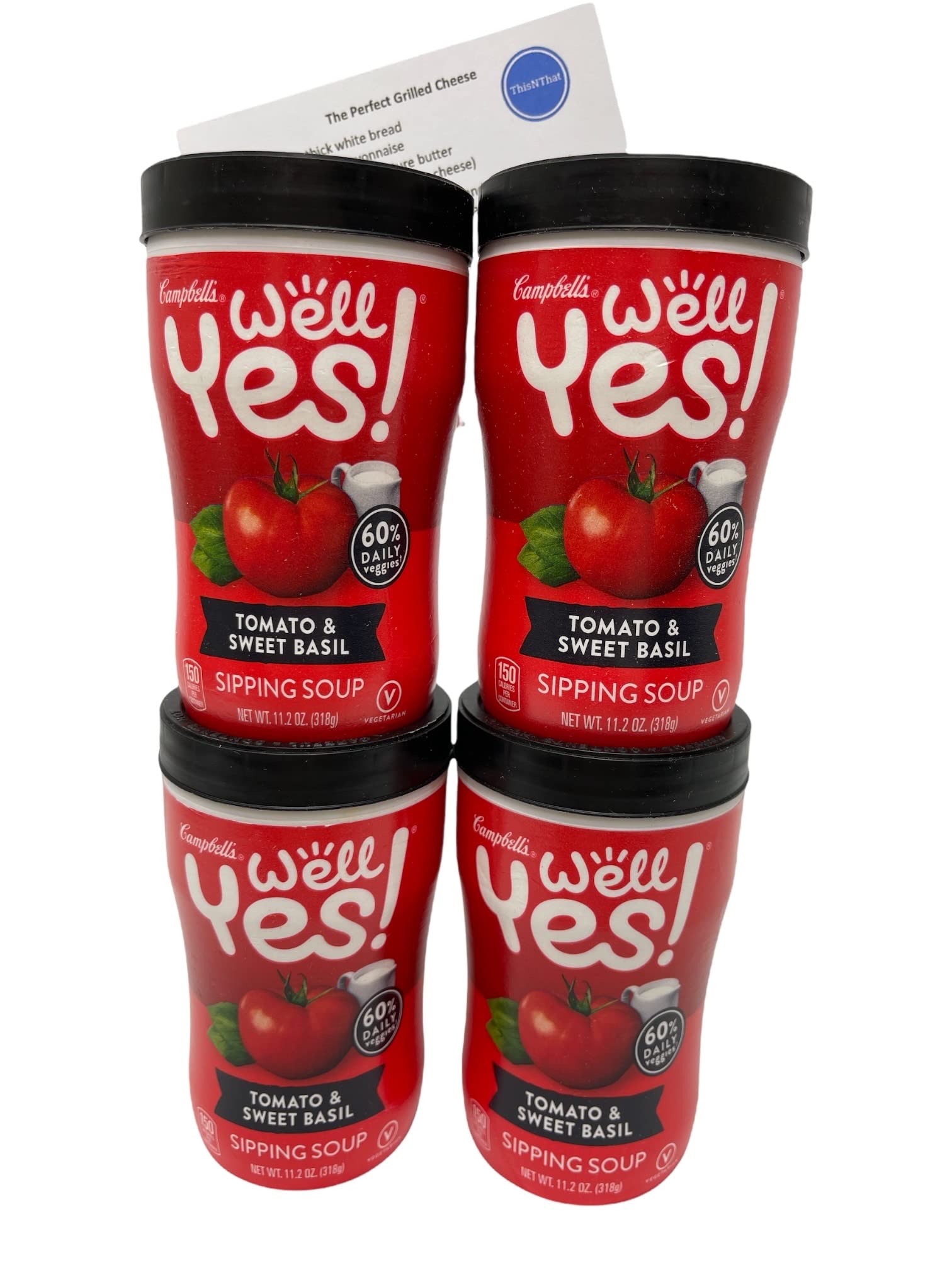 Campbells Well Yes! 11oz Sipping Soup Bundle Set: (4) Tomato & Sweet Basil and ThisNThat Recipe Card