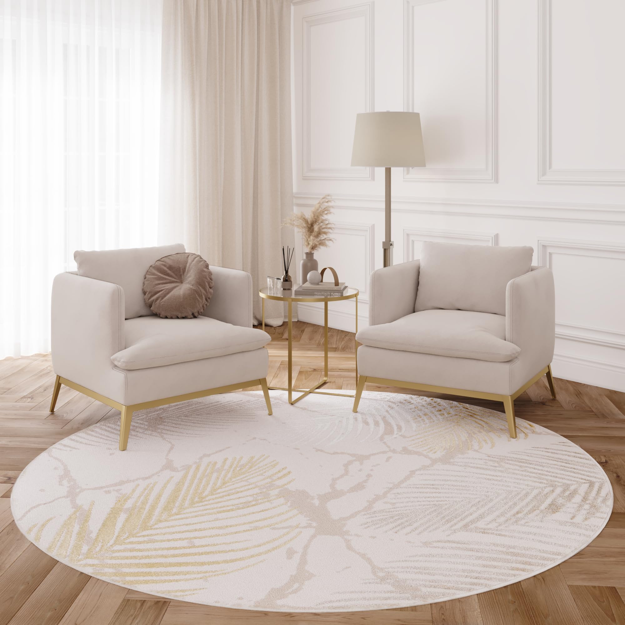 TAPISO Crystal Rund Teppich Kurzflor Glänzend Gold Weiß 120 x 120 cm | Palmenblätter Feder 3D Effekt Wohnzimmer Schlafzimmer Modern Design OEKO-TEX