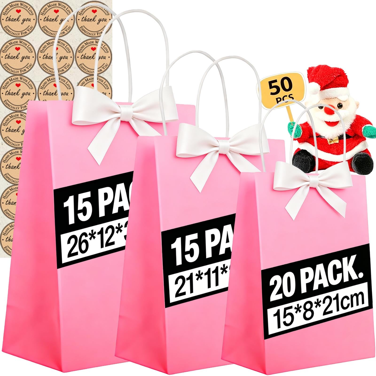 50PCS Kraft Paper Bags With Handles - Mixed Size Gift Bags for Business, Shopping, Retail, Party, Favor, Merchandise,Sacks Restaurant Takeout - 130GMS Thicken Kraft bags (Rose Pink-50PCS)