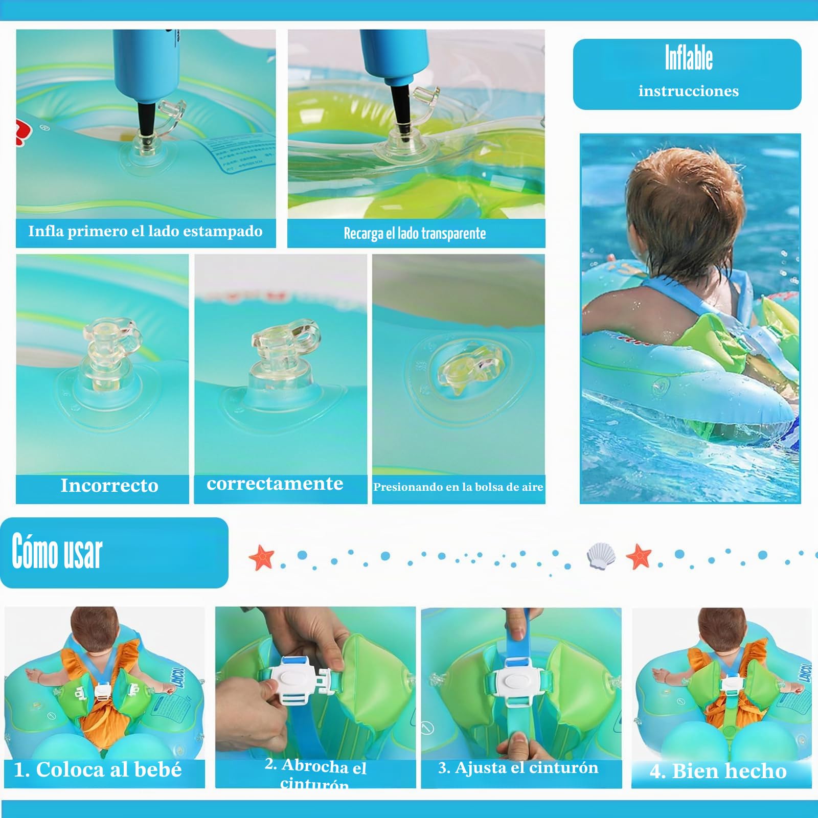COSORO Flotador Bebe con Asiento,Asiento Seguridad y Respaldo de 3 a 24 Meses,Flotador Inflable para Bebé,Piscina para Bebés,Anillo Natación de Entrenamiento Bebés 2 a 6 Años
