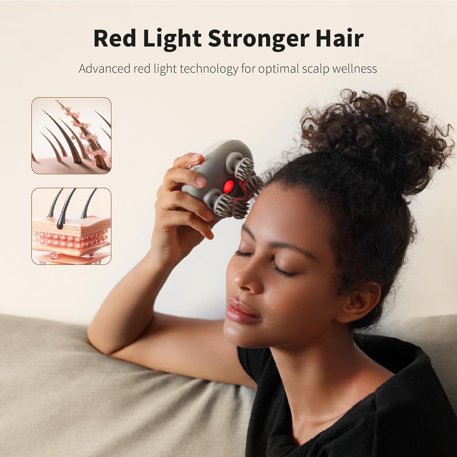 Woman using Breo Scalp Mini with red light feature on her scalp