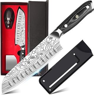 MOSFiATA 7 Inch Santoku Knife - Ultra Sharp Forged German EN.4116 Steel, Full Tang Micarta Handle, Sharpener, Sheath & Gift Box