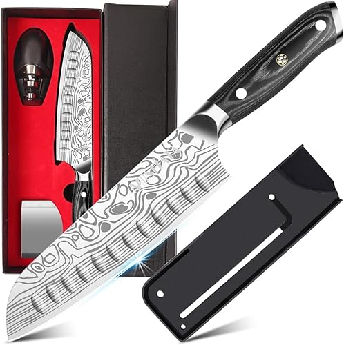 Miniatura 11 de MOSFiATA - Cuchillo de chef profesional súper afilado de 8 pulgadas con protector de dedos y sacapuntas, acero inoxidable alemán de alto carbono