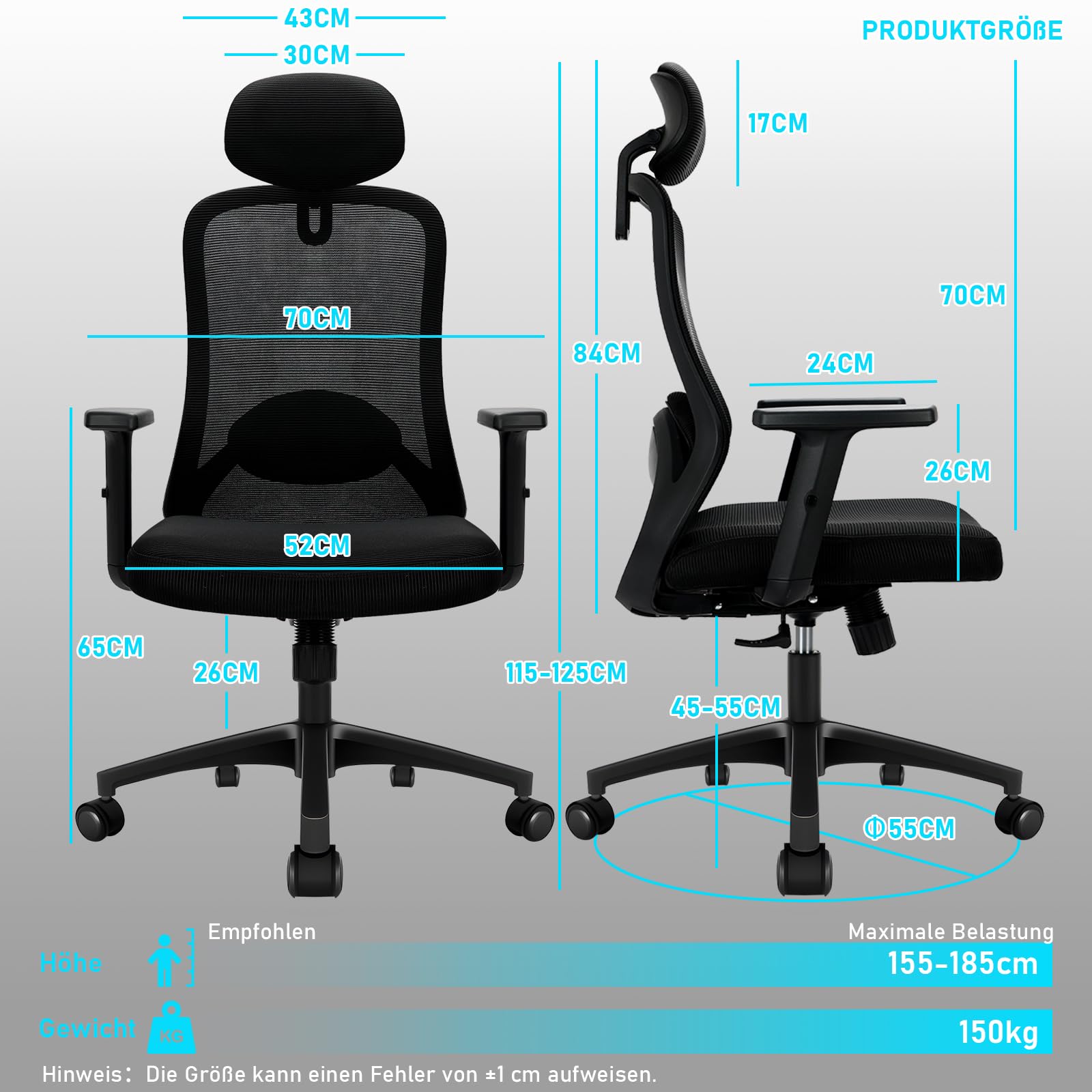 Milacyee Bürostuhl, Ergonomischer Bürostuhl mit Verstellbarer 4D Lendenwirbelstütze, Schreibtischstuhl mit Kopfstütze, Drehstuhl mit 90°-130° Liegefunktion (Abschließbar), Netzstuhl bis 150KG, Schwarz