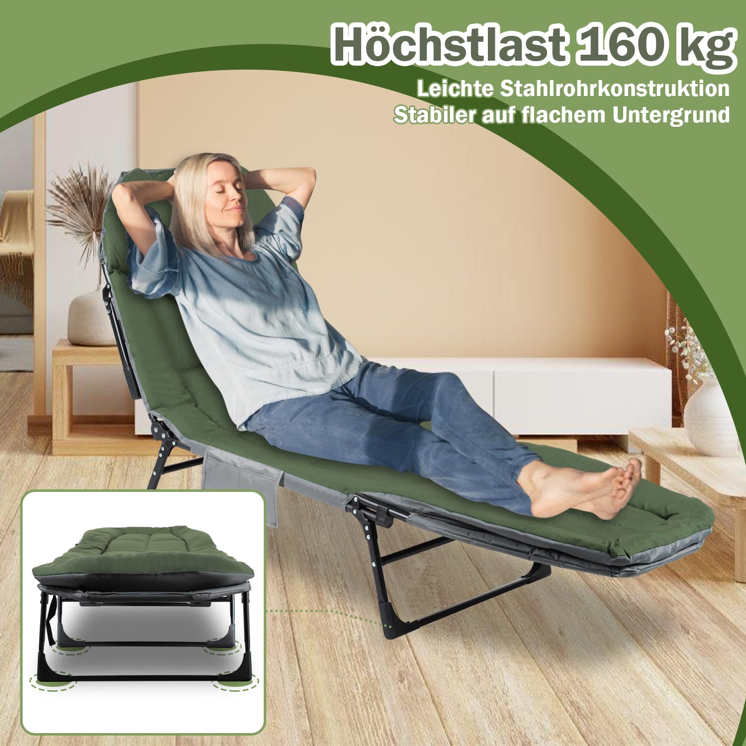 Lettino da pesca alla carpa fino a 160 kg, pieghevole, con borsa per il trasporto, 195 x 65 x 32 cm, letto da campeggio imbottito, per campeggio, pesca, spiagge, giardini, verde