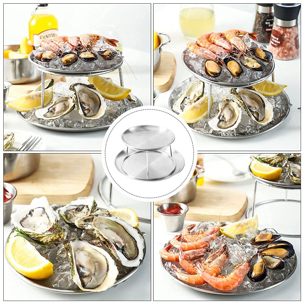 Bandeja redonda de acero inoxidable de dos niveles para servir mariscos, té de la tarde, magdalenas y pasteles, bandeja de aperitivos gourmet