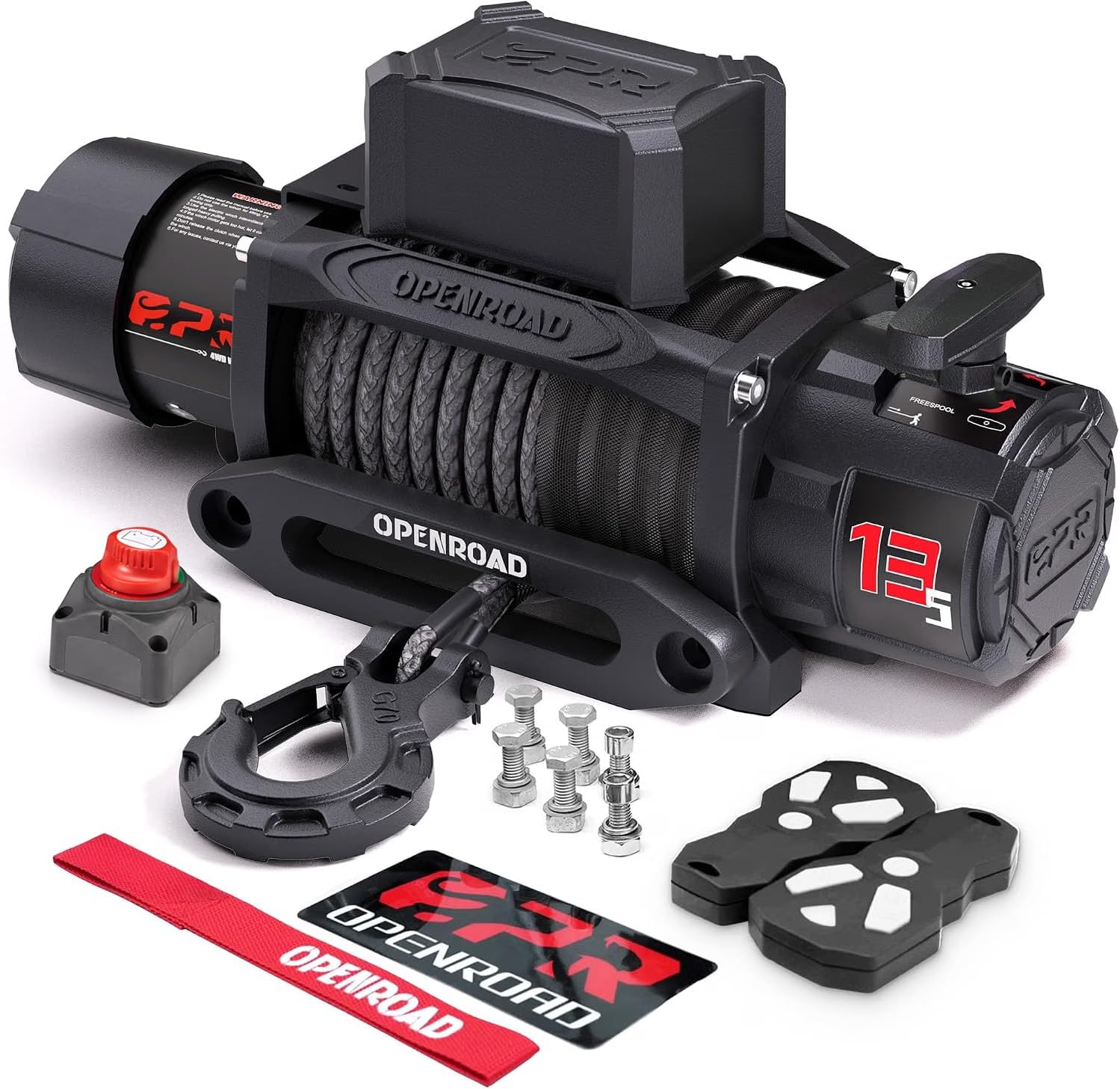 OPENROAD 13500 lb Winch with 3/8"×85' Synthetic Rope-Panther Series 3S | Power Cutoff Switch, IP68 Waterproofing & 2 Wireless Remotes for Jeep, Truck, SUV, Trailer, Off-Road Recovery & Car Haulers