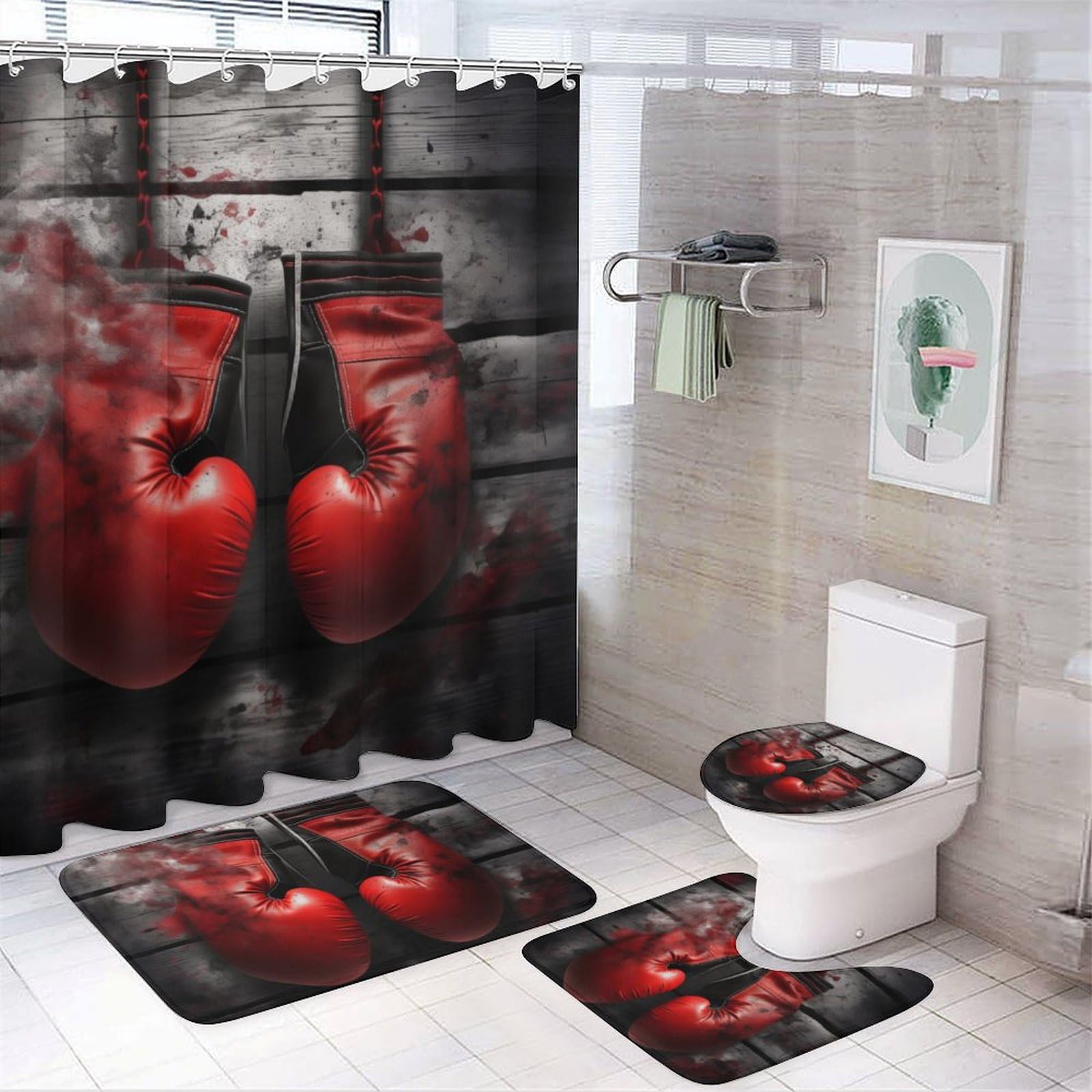 Red Boxing Gloves 4 Pcs Bathroom Shower Curtain Set,Bathroom Sets with Rugs (Bath Mat,U Shape and Toilet Lid Cover Mat), Bathroom Decor Set