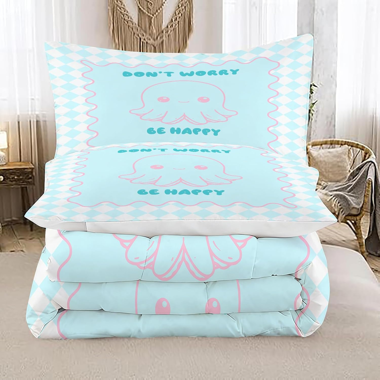 Cute Ocean Animal Comforter Set Queen Size Pink Blue Bedding Set for Girls Boys Kids Teens Funny Octopus Quilt Duvet Bed Set Sea Animals Bedroom Decor, 1 Comforter & 2 Pillowcases
