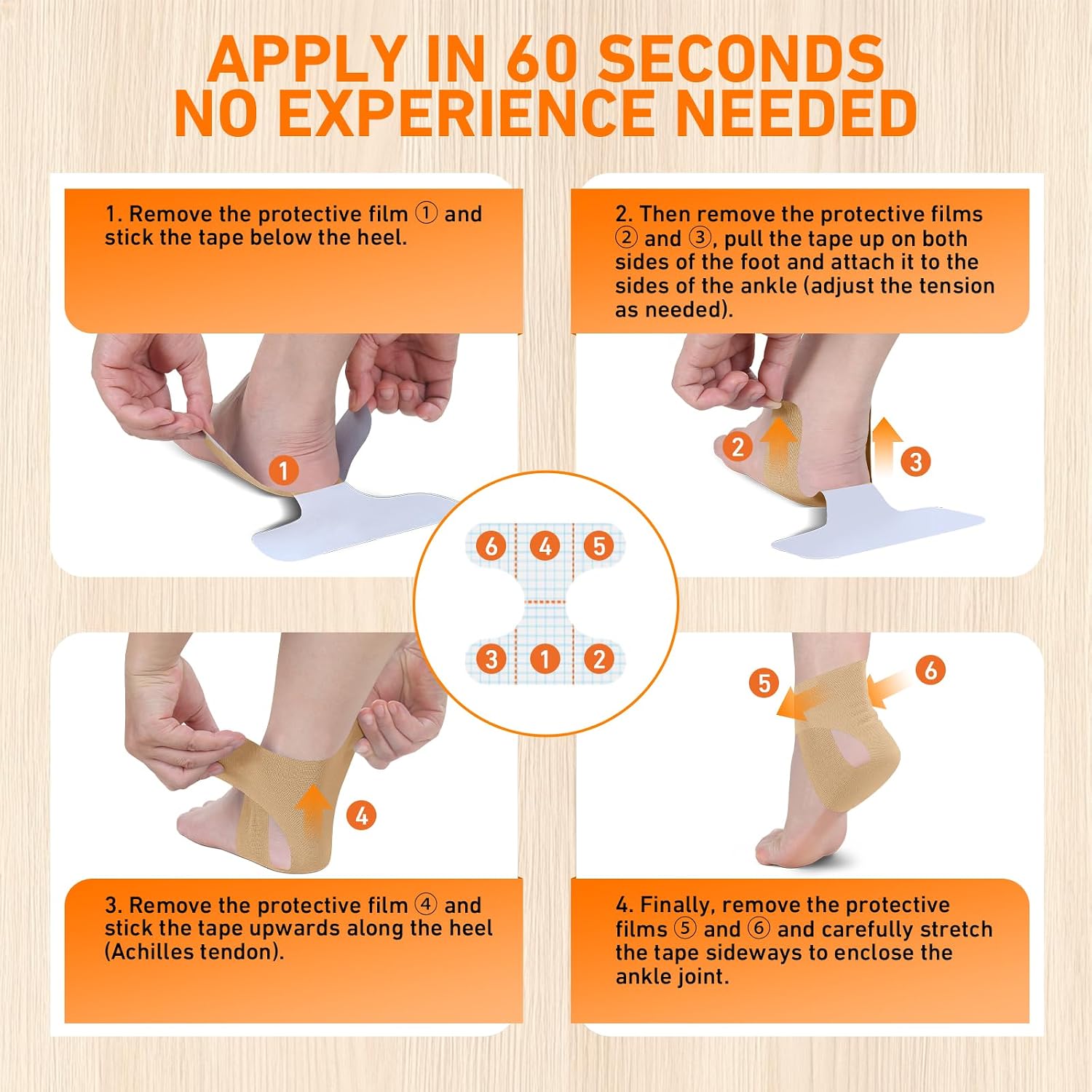 KTQUICK Precut Ankle & Heel Tape, 24 PCS, 20% Stronger Beige