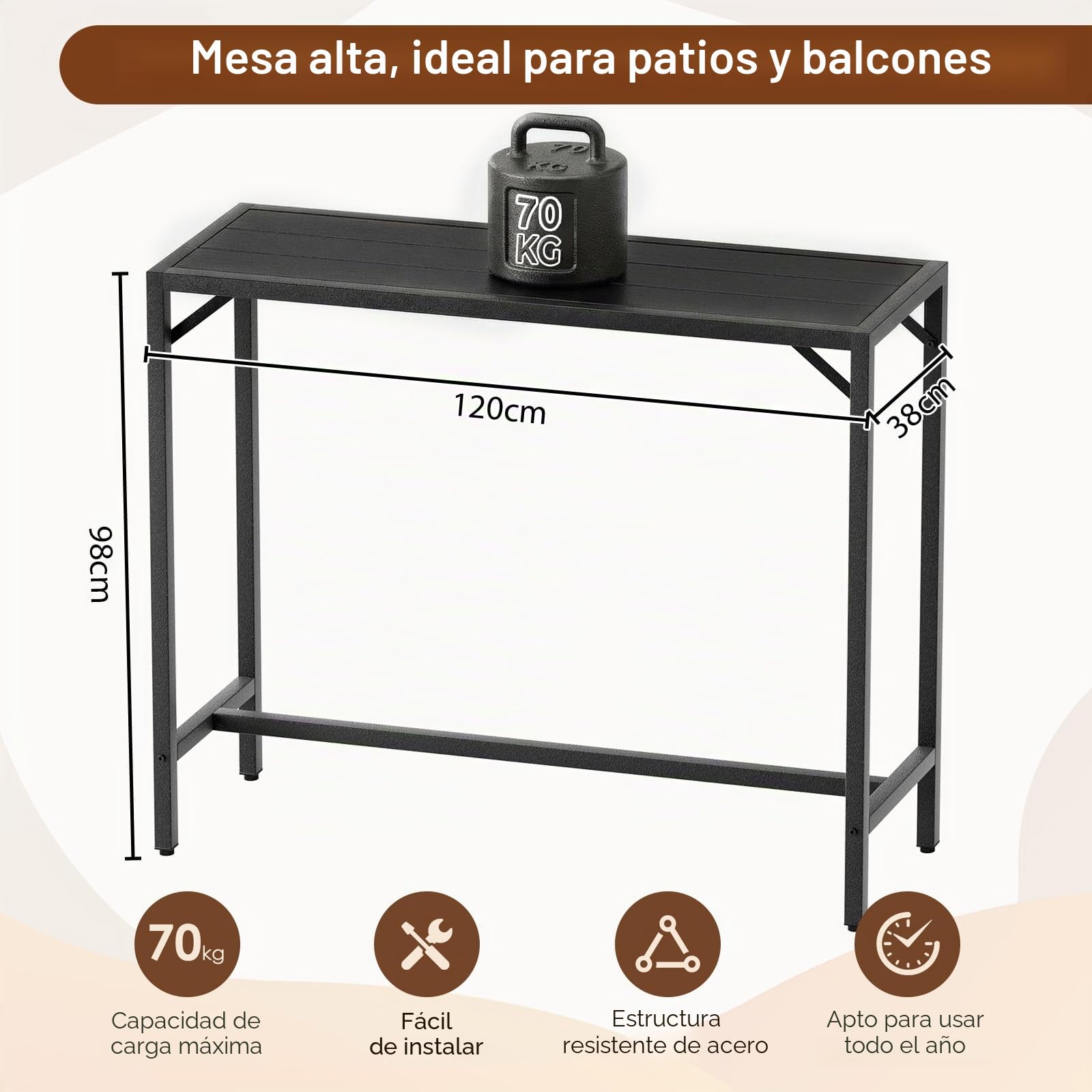 Clevich Mesa de Bar para Jardín, 120 x 38 x 98 cm, Mesa Alta para Exterior con Pies Ajustables y Tablero Impermeable, Mesa Alta Bar para Terraza, Piscina, Salón, Comedor, Negro