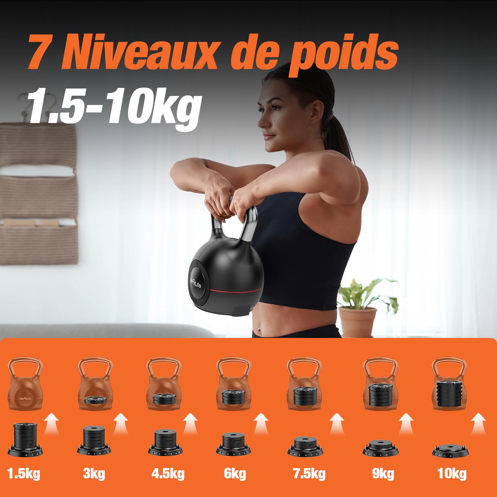 DH FitLife Kettlebell réglable 7-en-1 (1,5–10 kg) | 7 niveaux de poids | Idéal pour musculation, fitness & entraînement à domicile | Compact & peu encombrant