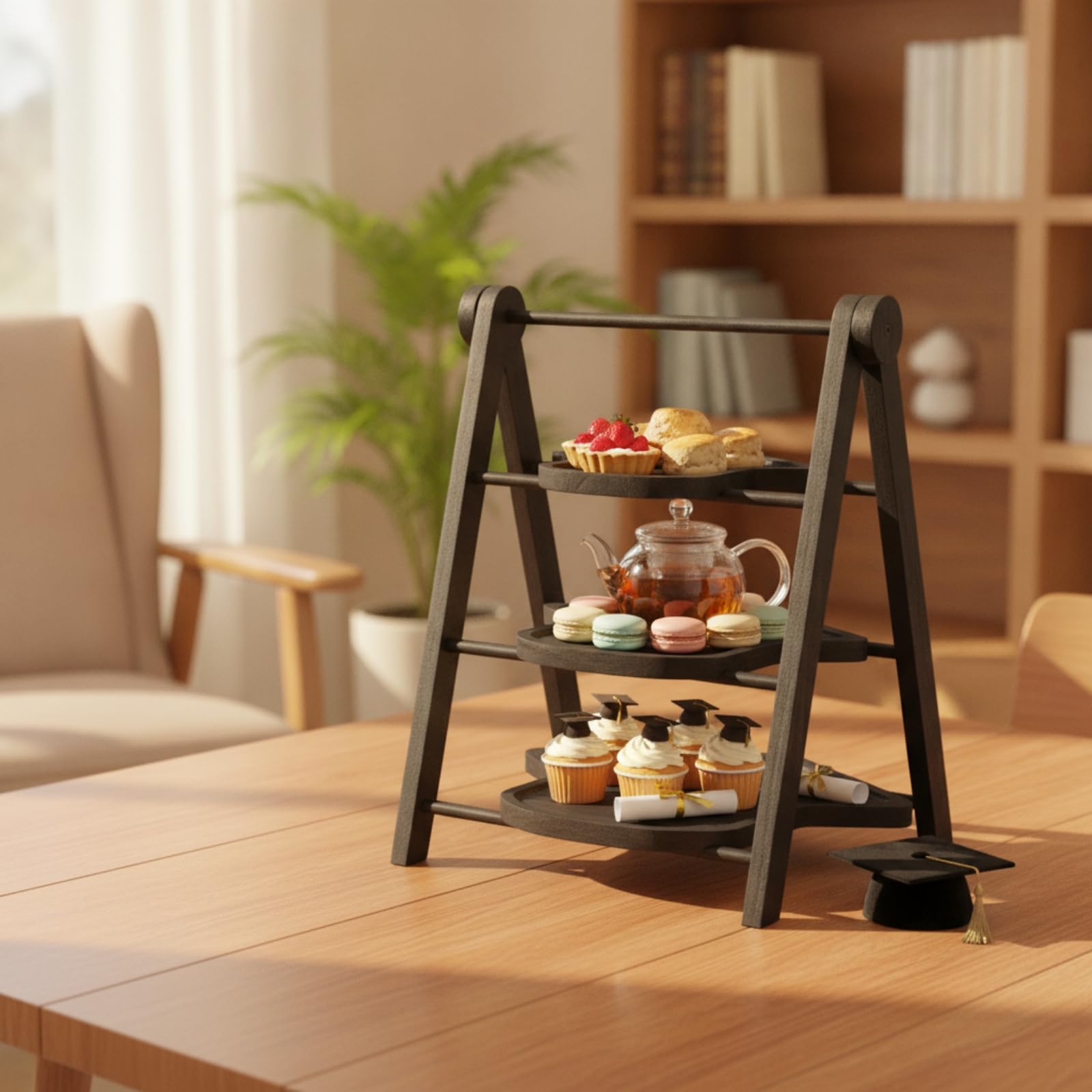 Baoblaze Mensola Espositiva Multistrato Scaffale Espositore Ripiano Supporto in Legno con Tre Vassoi Cuore Aste Laterali Tonde Richiudibile per Comodo