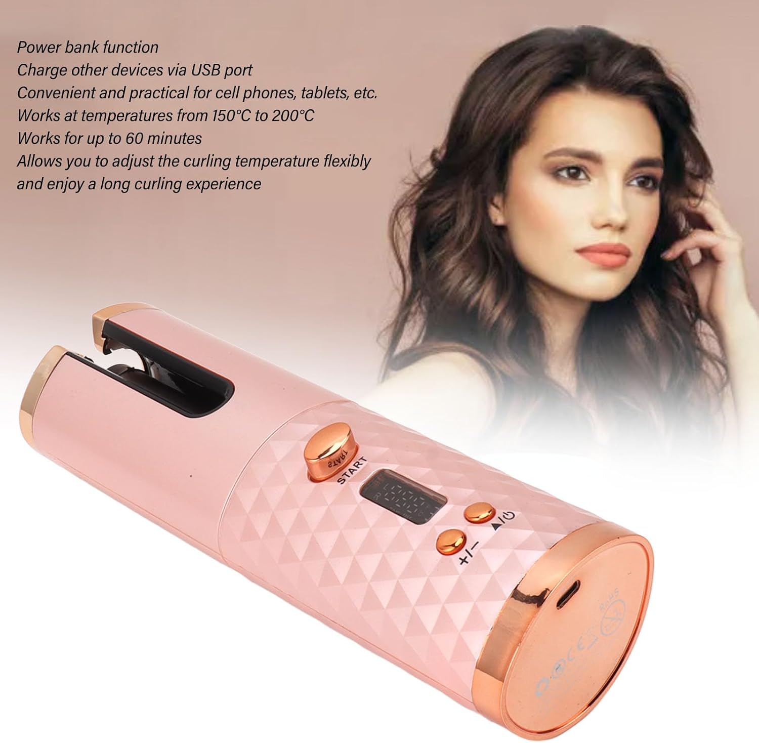 Cordless Automatic Curling Iron, USB Rechargeable Curling Wand with LCD Display for Styling, Portable Travel Styler