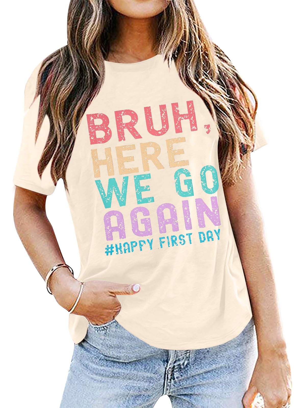 BANGELYFirst Day of School Shirt Women Back to School Teacher Shirts Bruh Here We Go Again Funny Graphic Teacher Gift Tops