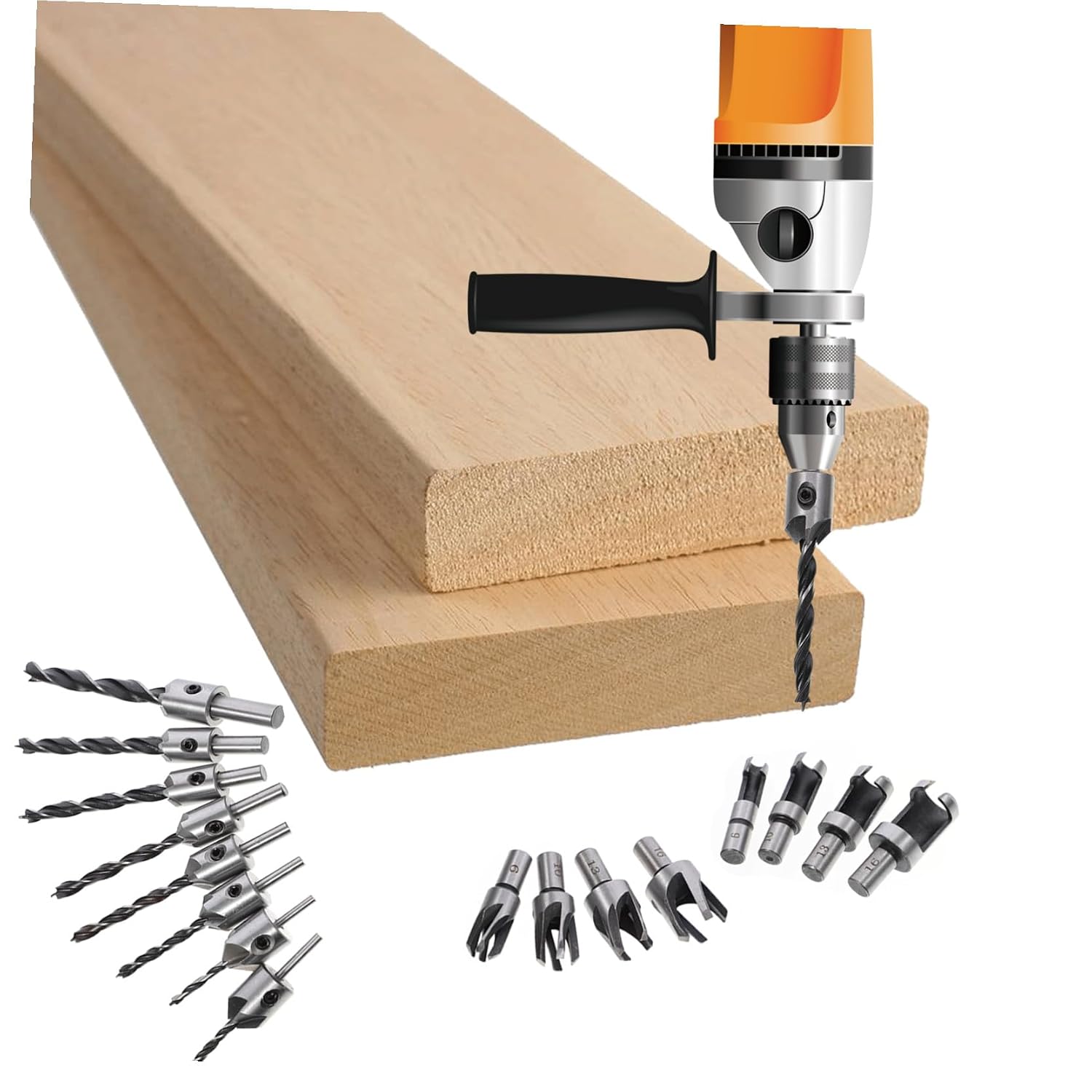 16pcs Woodworking Countersink Drill Bit with High Hardness Steel Tapered Plug Cutter Assortment for Wood Plywood PVC and Precision-Made for Bench Drill Use