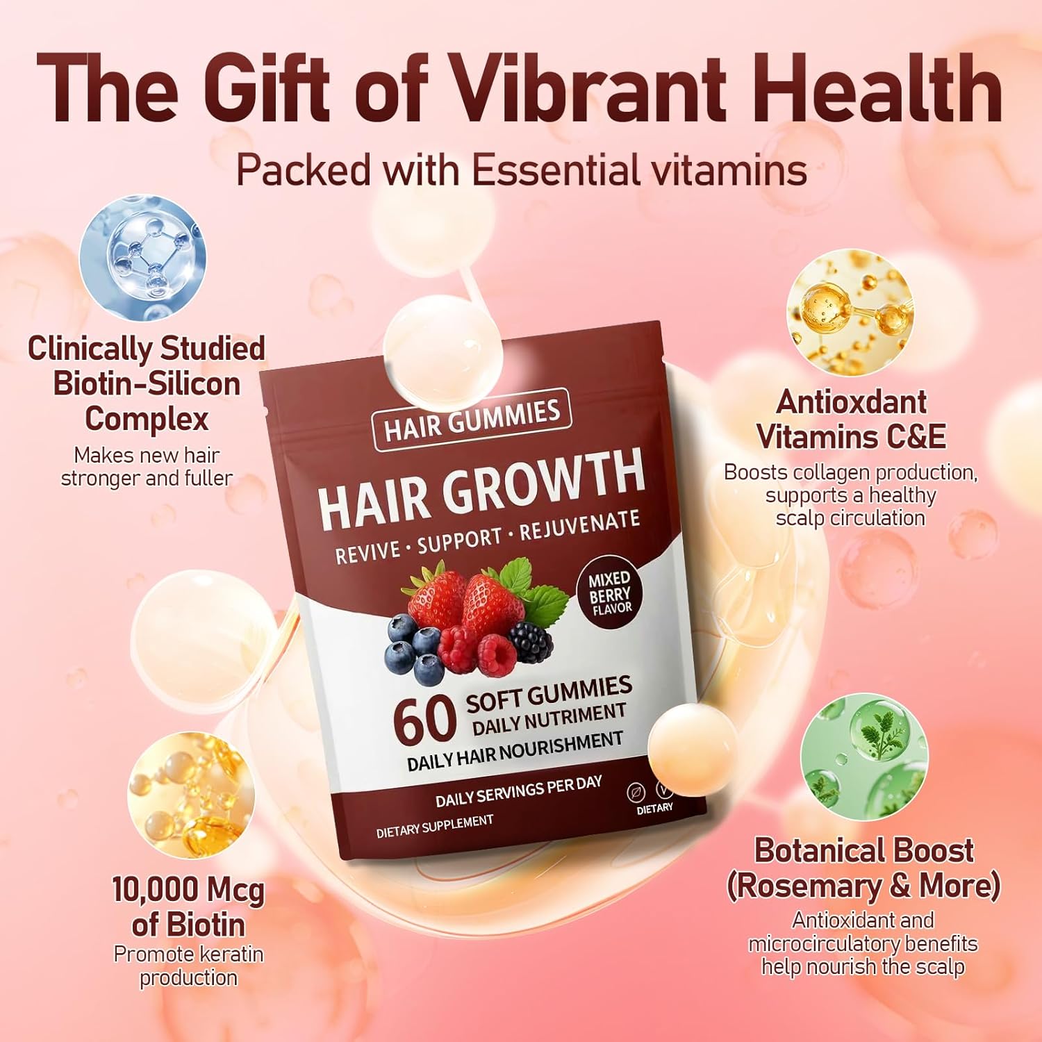 Hair Growth Gummies, Daily Hair Nourishment with Biotin, Collagen & Botanical Extracts, Supports Healthy Hair Growth & Strength, Skin & Nail Care, Non-GMO, 2pack, 120 Gummies