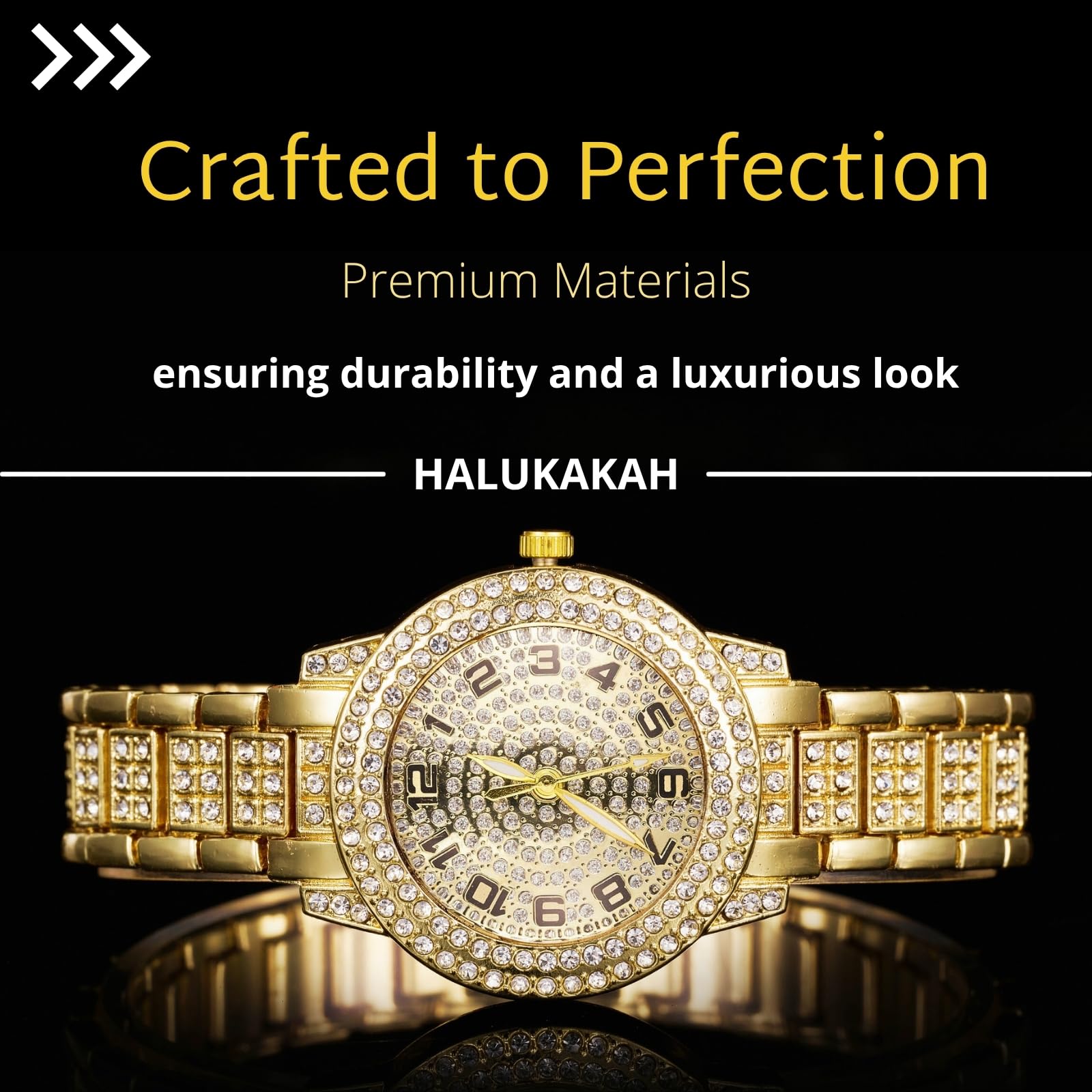 Halukakah Diamanten Gold Uhr Iced Out für Jungen - 18K Echtgold/Platin Platiniert,Rundes Zifferblatt mit Arabischen Zahlen - 19.5cm Länge - Optional mit Cuban Gliederkette - für Geburtstage,Partys