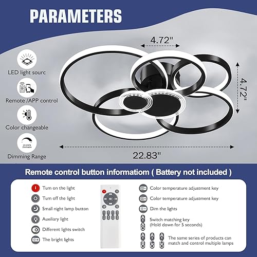 Miniatura 2 de Ofenrd Moderna lámpara de techo LED de montaje empotrado, color negro, con control remoto y aplicación inteligente, lámpara de techo regulable de 3