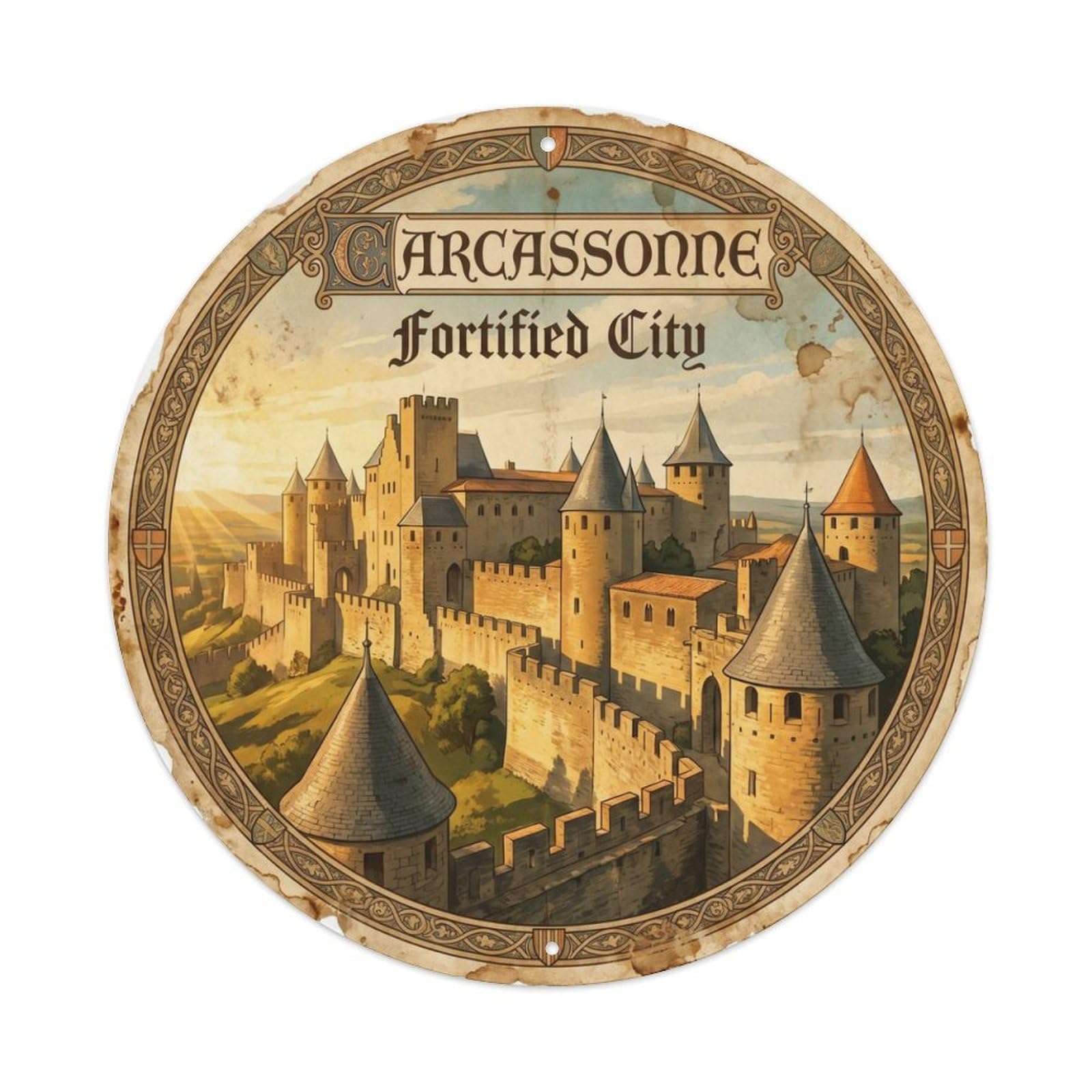Vintage Travel Carcassonne France Medieval Metal Tin Sign Plaque Wall Decor for Cafe, Club, Garden Round Metal Poster 8x8Inch