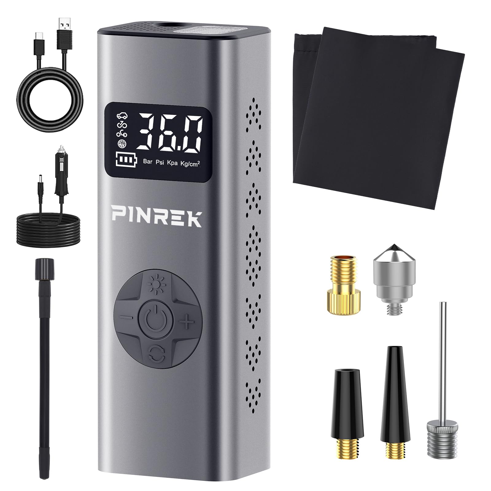 PINREK Tyre Inflator Portable Air Compressor, 150PSI 5400mAh Battery & DC12V Cordless Electric Air Pump with Digital Pressure Display & LED Light for Car, Motorcycle, Bike, Balls