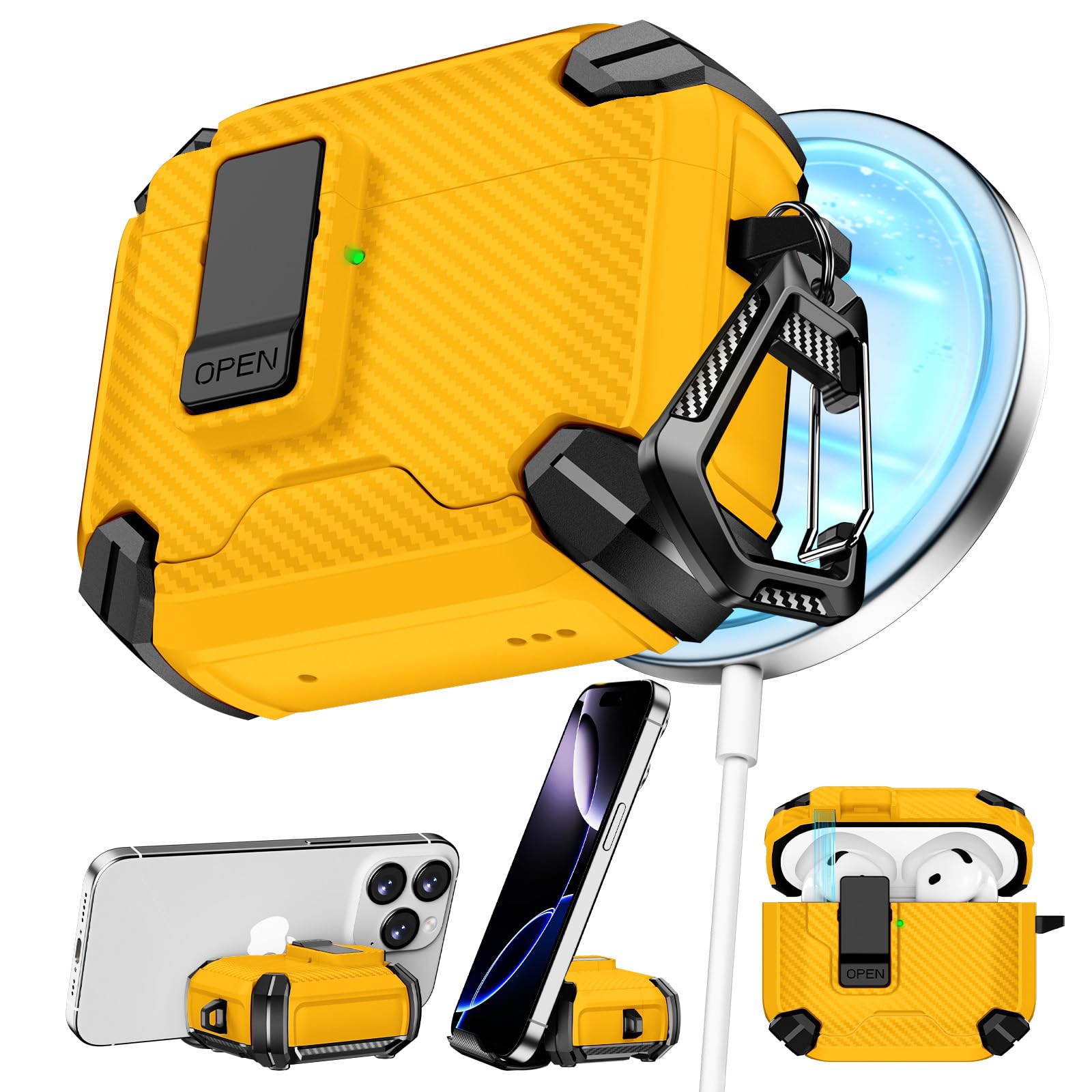 Pohgelan Compatible with AirPods 4 Case Carbon Fiber Texture(Yellow)
