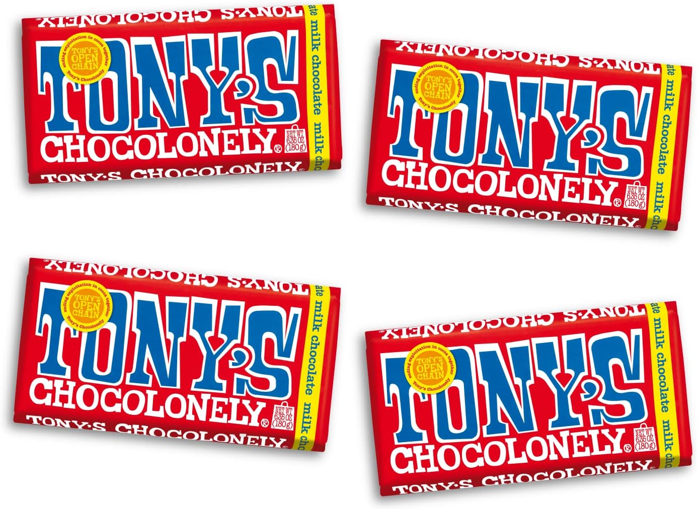 Tonyโs Chocolonely Belgian Milk Chocolate Candy Bar, Pure Chocolate Bars for Snacks, Party Favors, Gifts, or Gift Basket, 32% Cacao, Made From Quality Fairtrade Cocoa, 4 Bars, 6.35 Oz Each