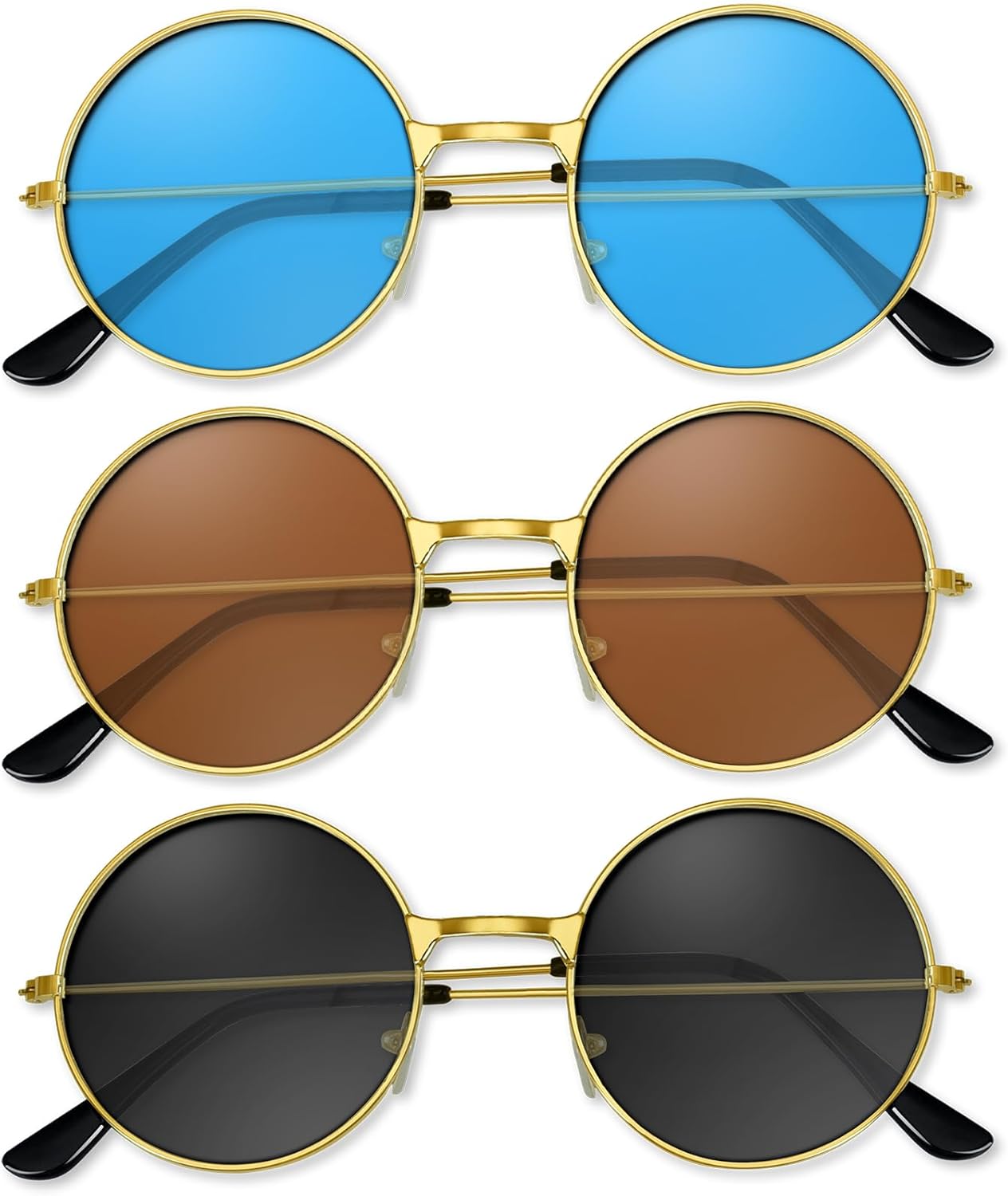 3 Pairs Hippie Sunglasses Round Hippie Glasses 60s 70s Outfits Groovy Party Decorations Sunglasses for Women Men with Glasses Cloth and Glasses Bag (Black Brown Blue)
