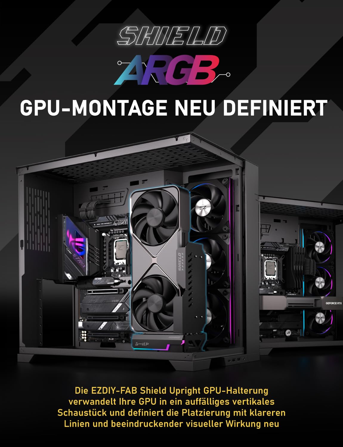 EZDIY-FAB Shield ARGB Supporto GPU verticale con PCIe 5.0 Riser - Supporto verticale per RTX serie 50, angolo regolabile a 20 gradi, installazione magnetica e slot per ventola, sincronizzazione ARGB