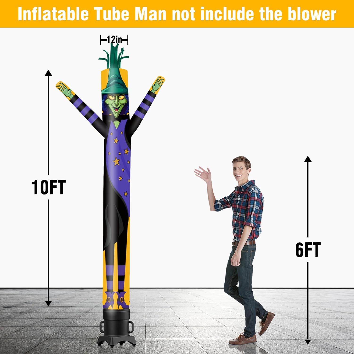 10FT Tall Witch Inflatable Tube Man (12''Diameter) Wacky Wavy Dancing Guy for Outdoor Decoration Advertising Business Promotion - Halloween Theme (Blower Not Included)