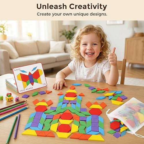 Miniatura 6 de LovesTown Wooden Pattern Blocks Set for Kids, Geometric Shapes with Learning Cards, 150 PCS Educational Puzzle Toy