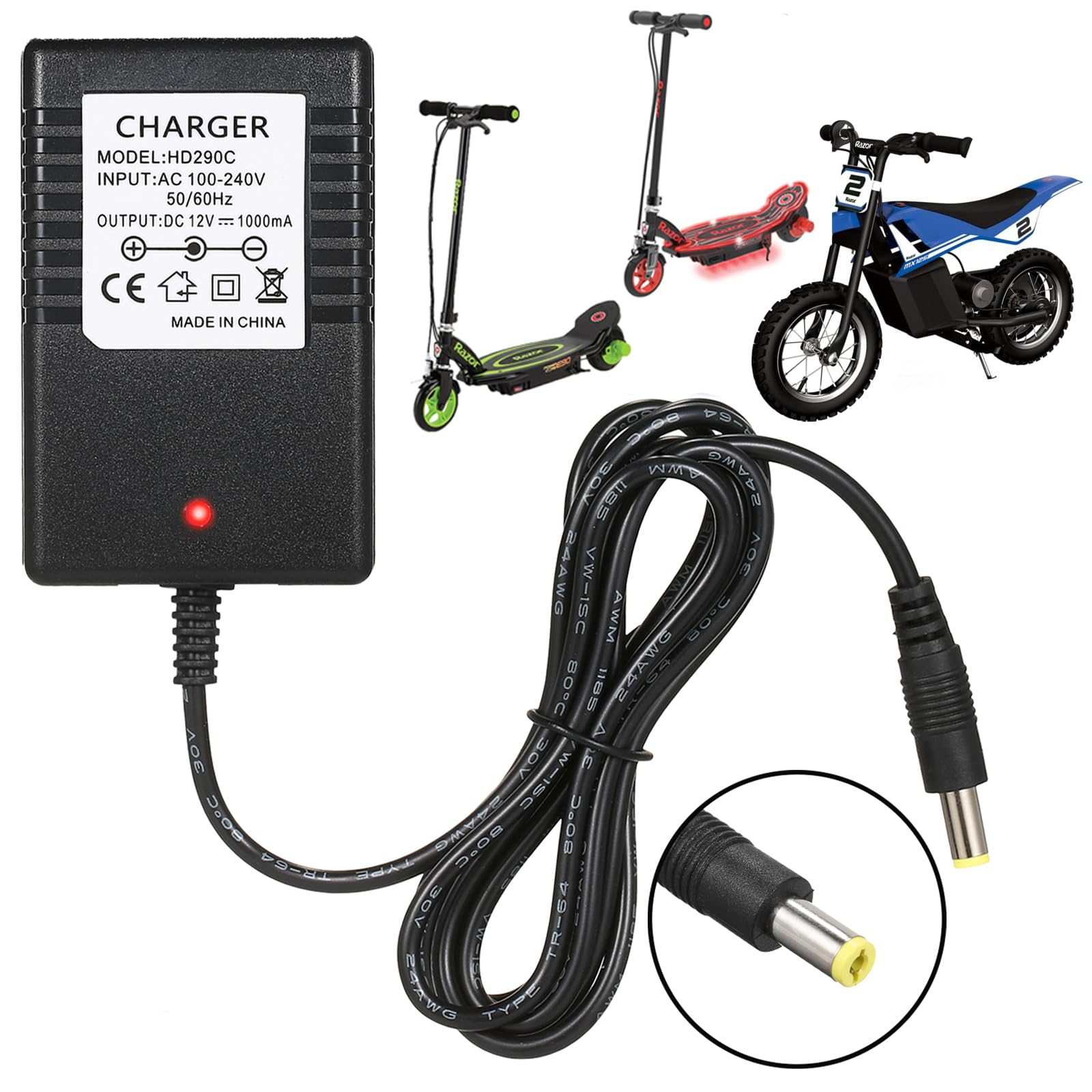 12v Charger for Razor Power Core E90 Charger for Electric Scooter Black Label Powercore E90, E95, MX125 Dirt Bike, MX125 Dirt Rocket, 12V Kids Ride On, Dynacraft Toy Power Supplies