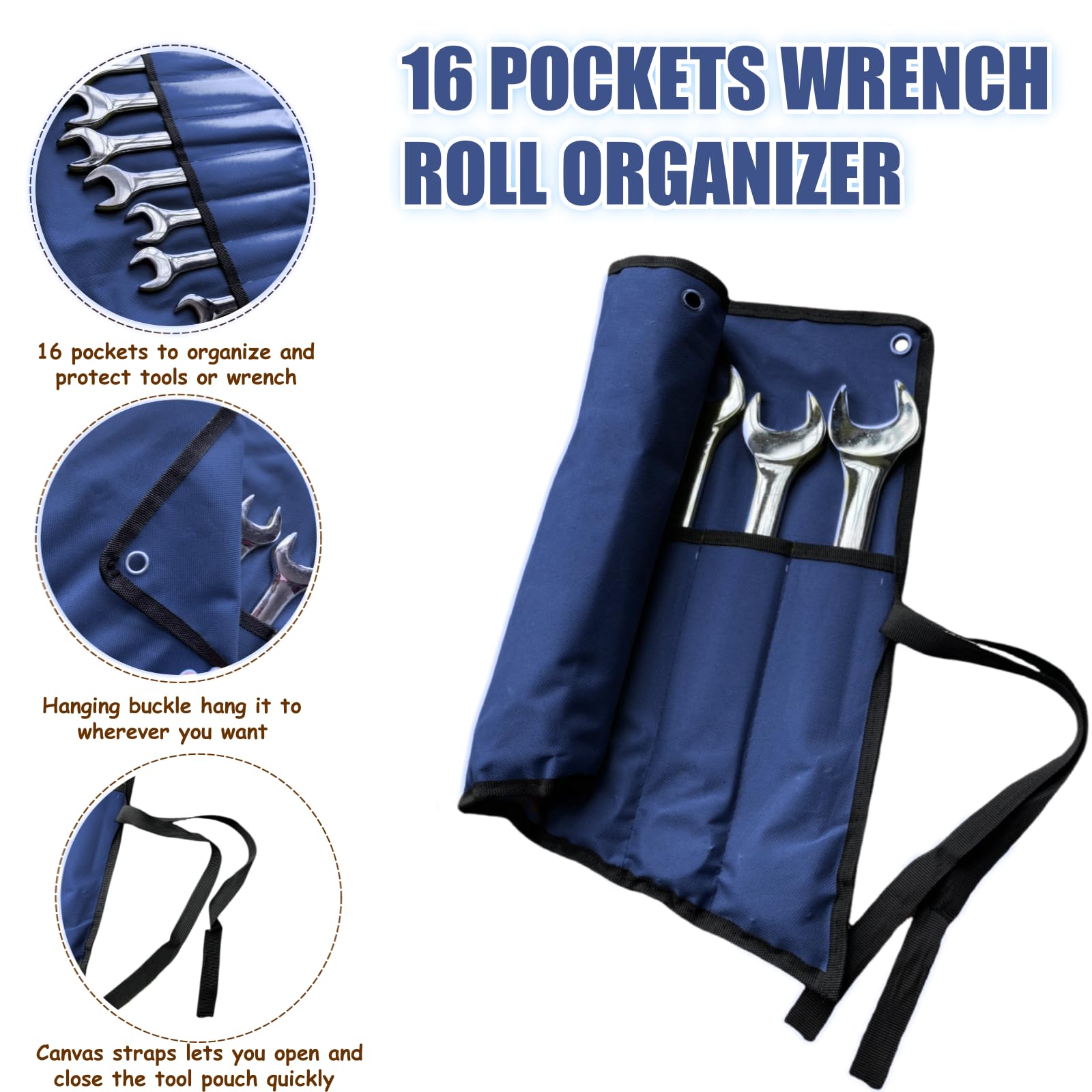 16-Pocket Wrench Roll Organizer – Waterproof Oxford Cloth Tool Pouch, Heavy Duty Wrench Storage Bag For Garage & Mechanics, Coffee