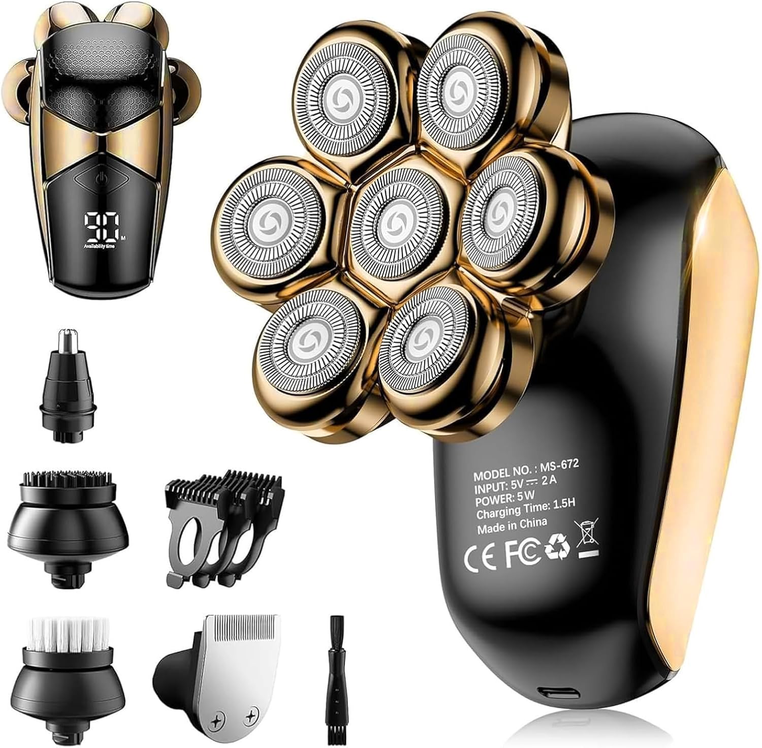 SHPAVVER Head Shavers for Bald Men: 5 in 1 Electric Razor - IPX7 Waterproof Shaving Grooming Kit for Balder - Turbo Speed & Precision Blade (Ink Gold)