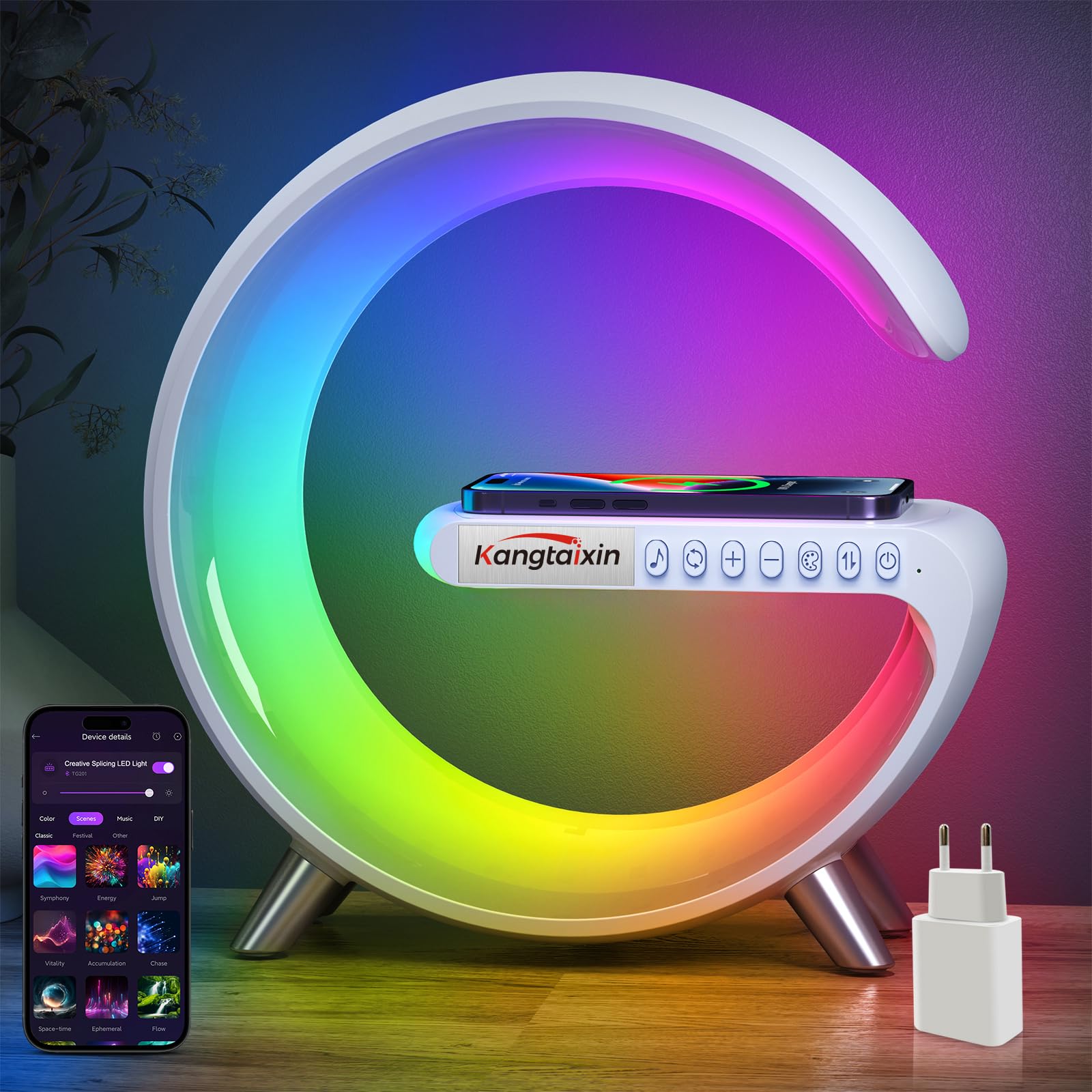 Kangtaixin Luce Notturna con Caricatore Wireless, G Stile - Lampada da Tavolo da Letto, Controllo APP Smart RGB Colore Cambiando Luce Ambientale, Dimmerabile Lampada d'Atmosfera per Camera da Letto