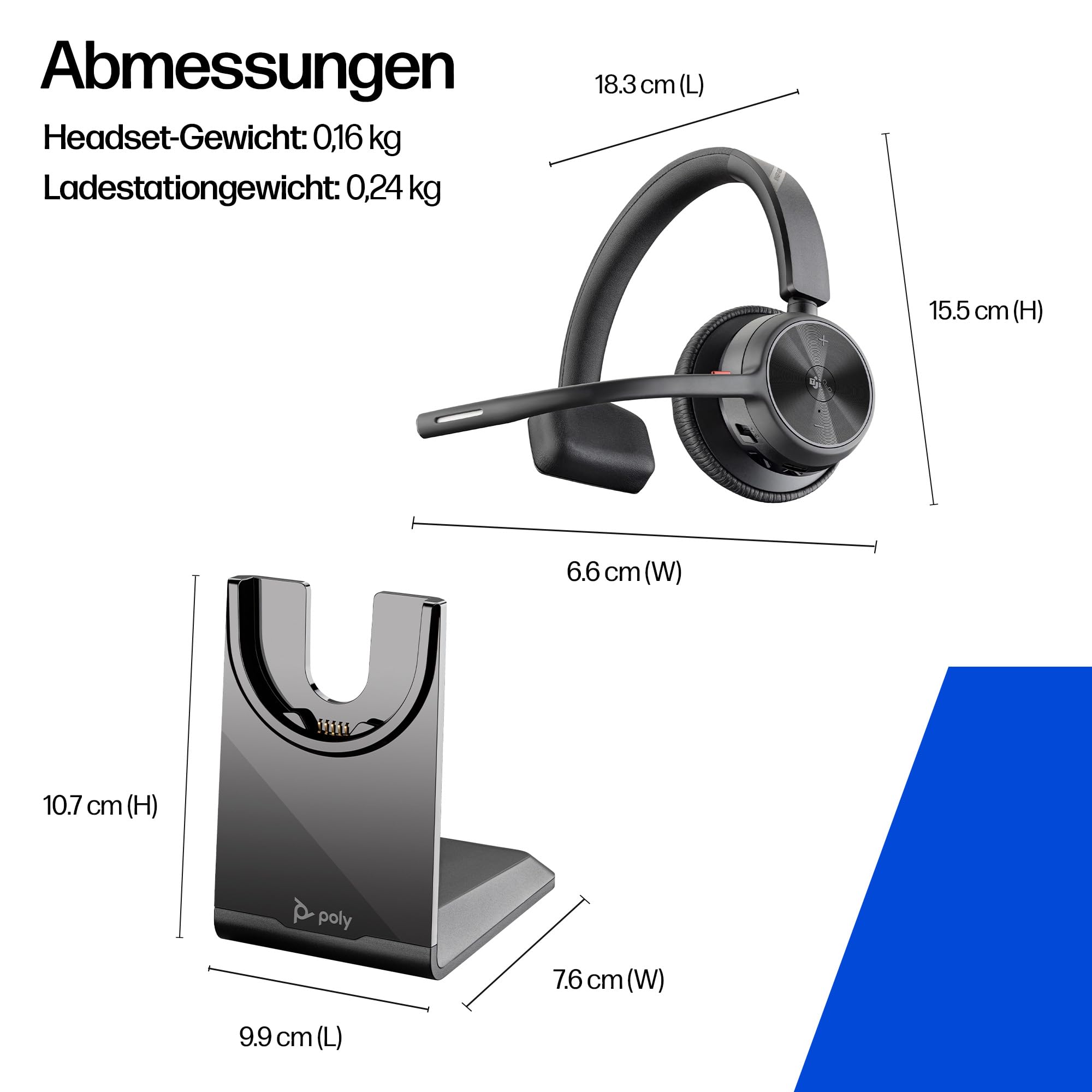 Poly Voyager 4310, schnurloses UC-Headset und Ladestation – Ein-Ohr-Bluetooth-Headset mit Noise Cancelling-Mikrofonarm – Verbindung mit PC/Mac/Mobiltelefon – Kompatibel mit Teams (zertifiziert), Zoom