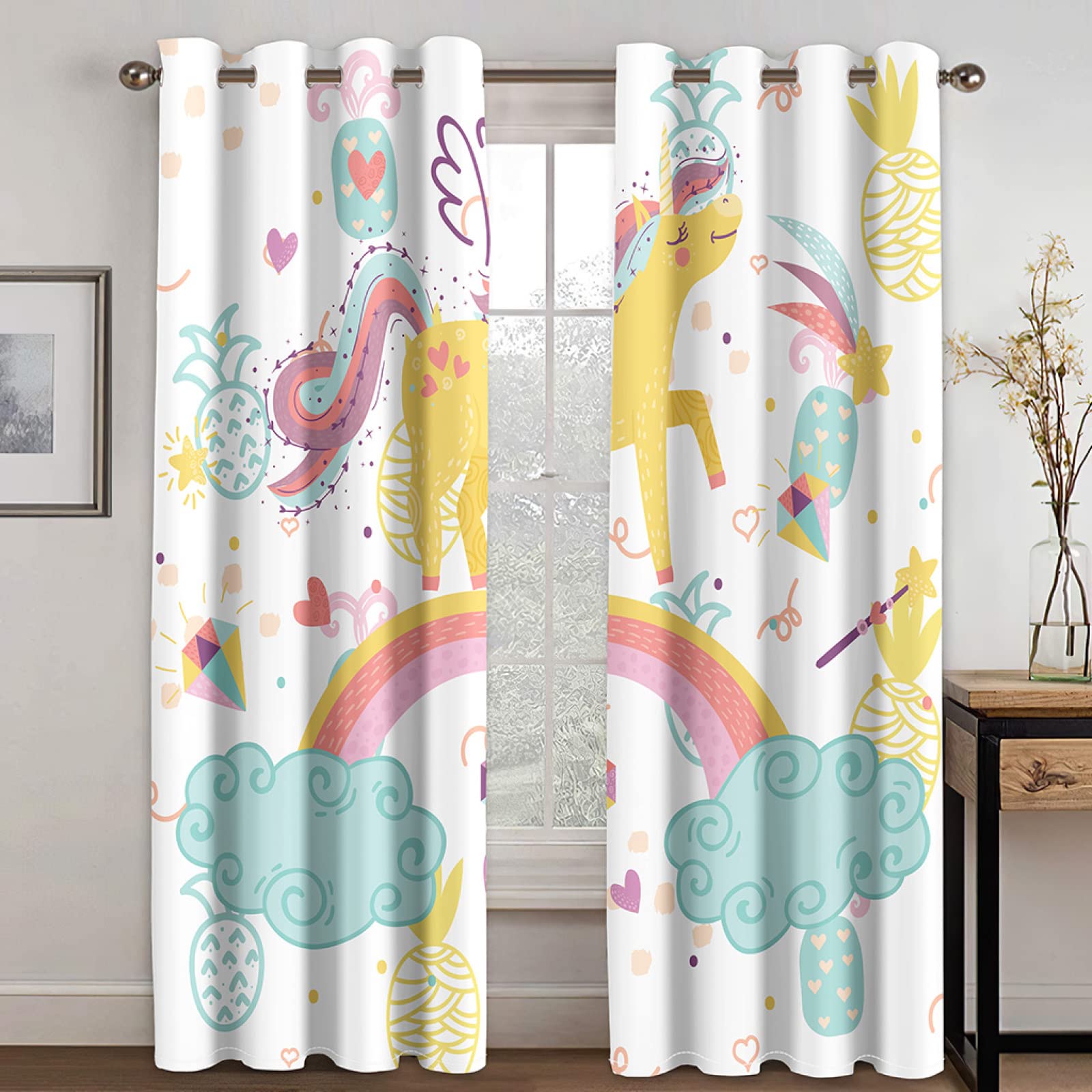 Rideaux Occultant Licorne De Dessin Animé Rideaux Thermiques Isolants Salon Moderne,Rideau Chambre Fille Garçon,Rideaux À Oeillets Enfant,2 Pièces,2X91.5X214Cm