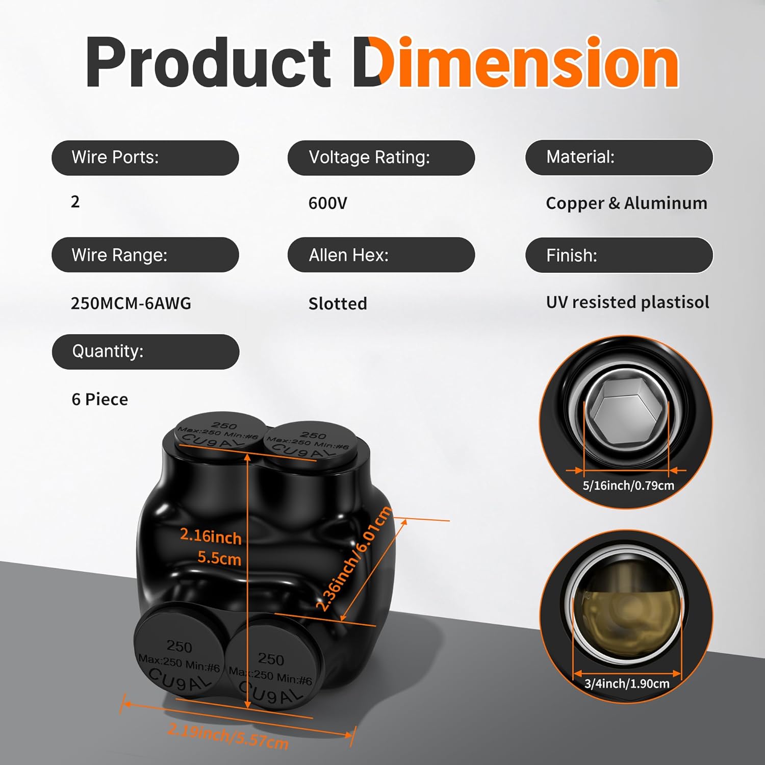Joinfworld 2 Port Insulated Multi Tap Connector 3/0‑6 Gauge + 250MCM-6 Gauge Wire Connectors Aluminum to Copper Wire Connectors - 12Pcs