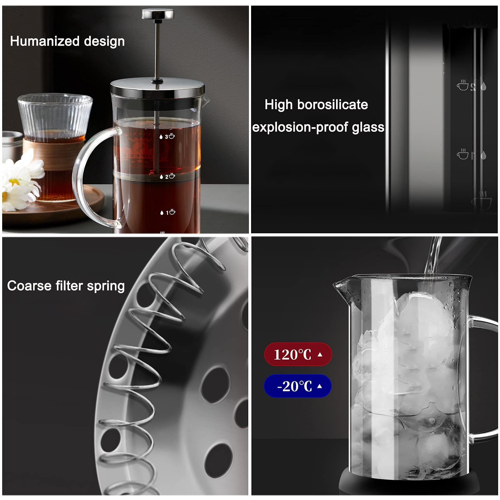 Cafetera Émbolo,French Press De Acero Inoxidable 304 Con Pantalla De 3 Filtros,Jarra De Vidrio De Borosilicato Resistente Al Calor Cafetera De Piston,Ideal Para Preparar Su Taza De Café O Té Favorita