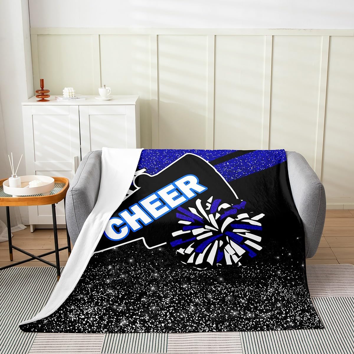 Feelyou Cheers Flannel Fleece Throw Blanket Kids,Cheerleading Glitter Print (No Glitter) Blue Fuzzy Blanket for Bed Sofa Couch,All Season Sports Theme Bed Blanket Plush Blanket 40"x50"