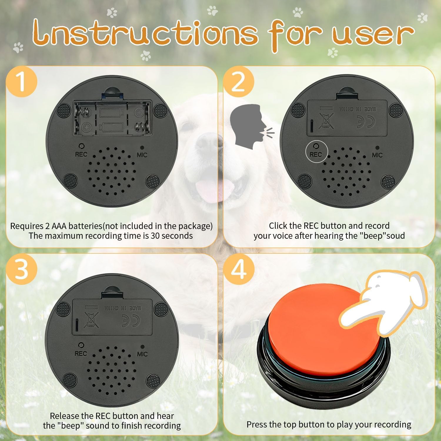 RIBOSY Juego de 6 colores, botón grabable, zumbador de entrenamiento para perros, graba y reproduce tu propio mensaje para enseñar a tus perros a voz lo que quieren