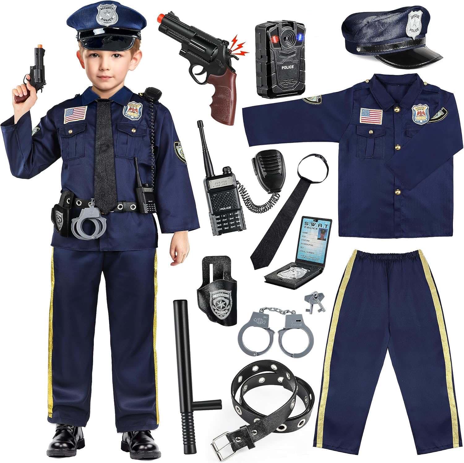 Joycover Police Costume for Kids - Career Day Officer Costume for Boys Girls with Toy Accessories, Toddler Kids Halloween Costumes, Cop Outfit Kit for Halloween Dress Up Pretend Roleplay -Small