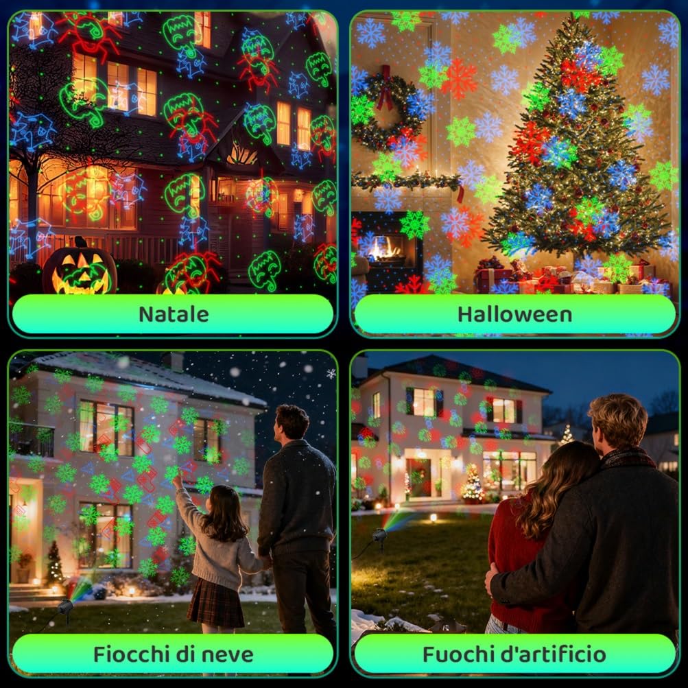 OUSFOT Proiettore di Natale esterno, 3 colori rosso, verde, blu, proiettore laser con telecomando e tempistica, 5 carte con Natale, Halloween, festa, festa, punto laser, regalo per festival