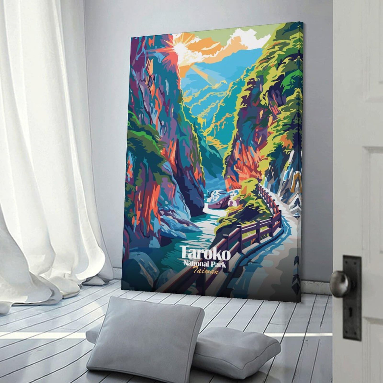 Junmoney Taroko National Park Taiwan Illustration Home Decor Wall Art, 24x36inch(60x90cm), for Living Room, Bedroom Or Home Office, Home Decor Gift with Stylish Appeal