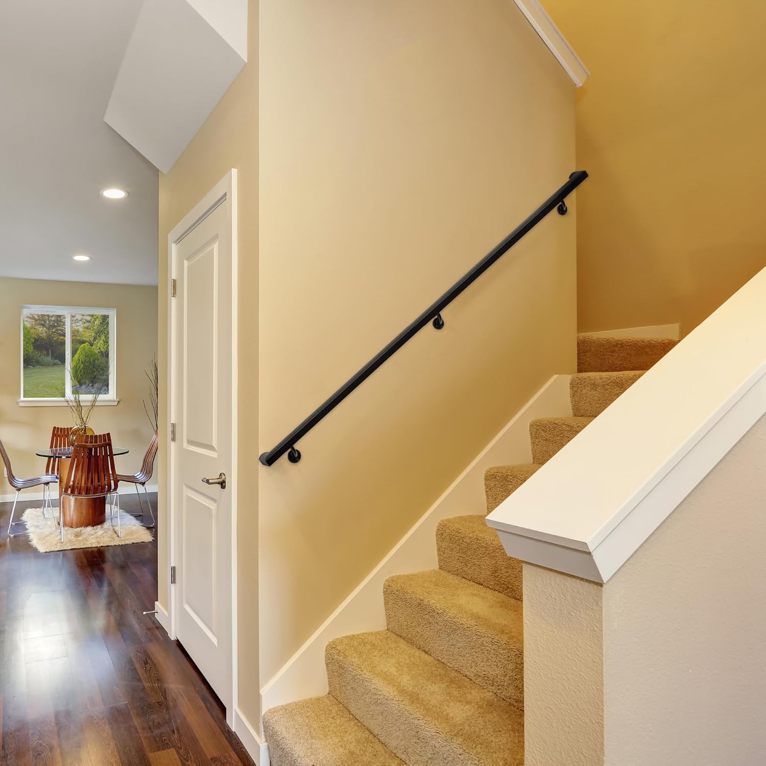 Complete Aluminum Handrail KIT - Wall Mount Brackets with Hardware, Indoor & Outdoor, Powder Coated, Comfortable Grip, Stronger ADA Design, Stylish Look (Black Textured, 3' Length)