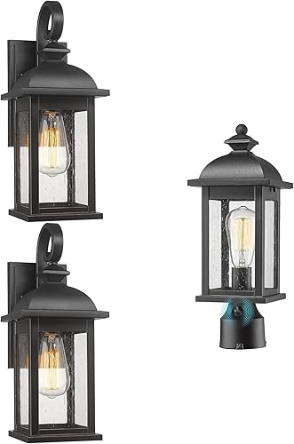 FEMILA Aplique de pared exterior, luz de poste al aire libre del atardecer al amanecer, acabado negro mate antioxidante con pantalla de vidrio