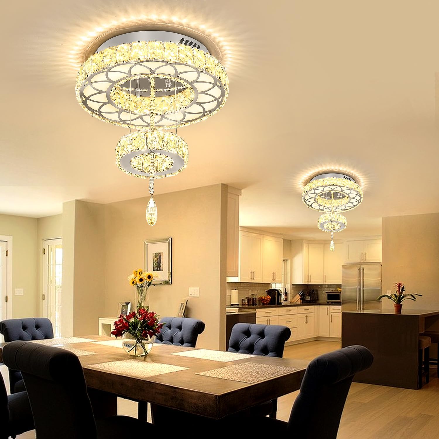 Flashing God Dia 12" Crystal Mini Chandelier Crystal Silver Ceiling Light Fixtures LED Flush Mount Ceiling Light for Living Room Bedrooms Dining Room Dimmable 2700k 4500k 6000k