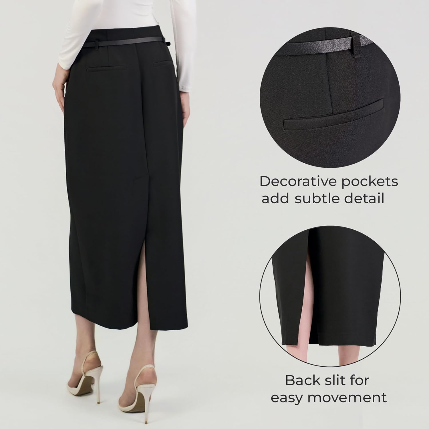 Women's Midi Pencil Skirt Black High Waist with Belt Back Slit Invisible Zipper Business Work Office Casual Wear - Image 3